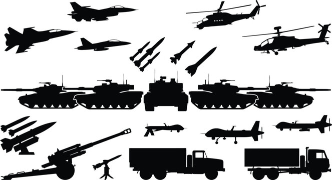 Silhouettes of military vehicles aircraft tanks and weaponry in a modern defense concept showcasing power and technology