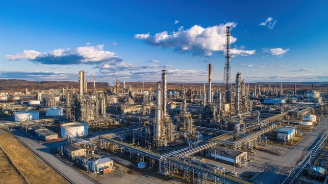 Wide-angle aerial scene of petrochemical plant infrastructure including distillation columns and steel pipelines