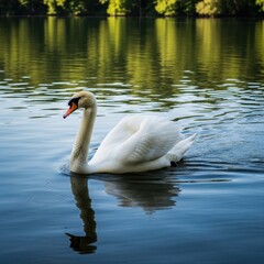 Fototapeta premium Elegant White Swan Gracefully Gliding on Calm Lake Water.