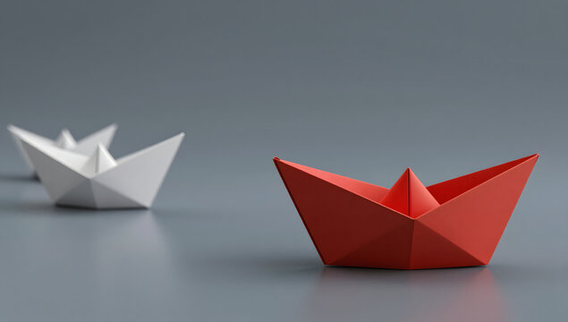 Leadership Navigation: a vibrant red origami boat stands out, leading a fleet of white boats. symbolising the role of leadership in navigating through life's journey.