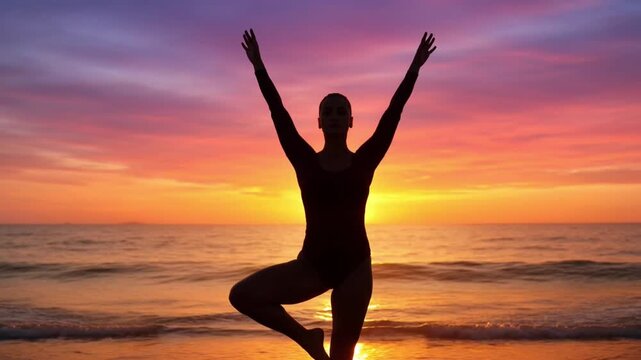 Silhouette of a woman in tree pose with arms raised on a beach during a vibrant sunset.