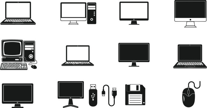 Computer Hardware and Digital Technology Silhouette Icon Set Featuring Modern Laptops Desktop PC Monitors Vintage Retro Workstation USB Flash Drive Floppy Disk and Mouse Vector Illustration
