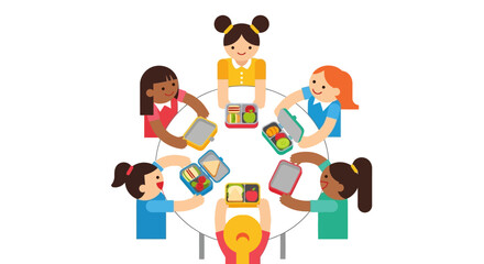 Obraz premium Illustration of diverse children enjoying lunch together at a round table