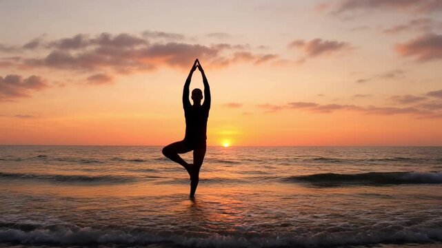 Silhouette of a woman practicing tree pose yoga on a peaceful beach during a golden sunset.