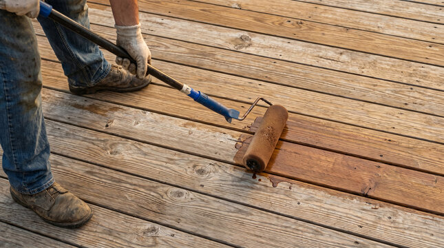 Worker applying stain to wooden deck using roller brush  