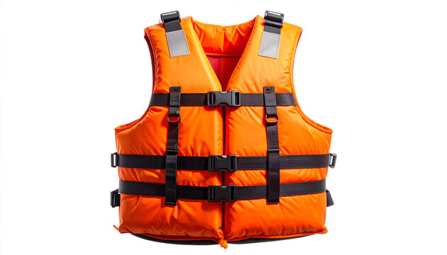 A bright orange life jacket with reflective strips and black straps is displayed against a clean white background, emphasizing its safety features.