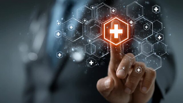 Medical professional touching a glowing red cross symbol on a futuristic hexagonal interface