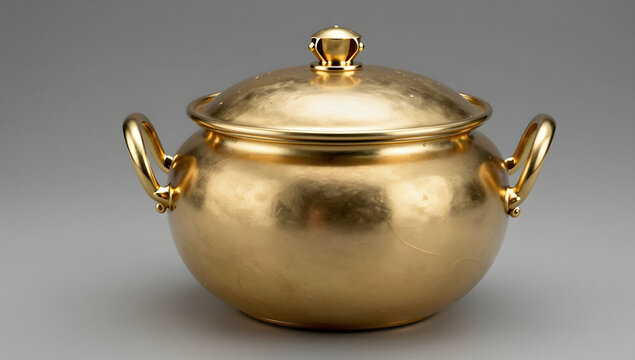 Golden Kitchen Treasure: An exquisite golden cooking pot with elegant handles and a crown-shaped lid, exuding luxury and culinary artistry. 
