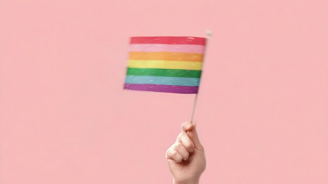 Person holding and waving a small glittery rainbow flag representing the lgbtq community pride