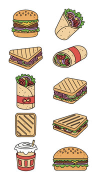 Set of vector fast food icons featuring beef cheeseburgers with lettuce and tomato, grilled panini sandwiches, flour tortilla wraps with fresh vegetables, and a milkshake cup isolated on white.