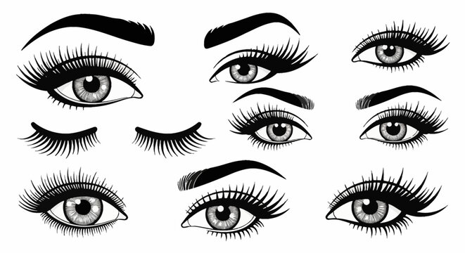 Collection of stylized black and white female eye illustrations with long thick eyelashes and shaped eyebrows. Various shapes and closed eyelids. Beauty vector art design.