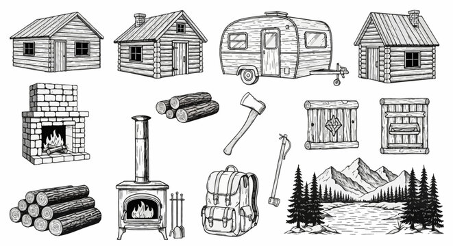 Collection of hand-drawn black and white sketches featuring rustic log cabins, vintage camper trailer, wood-burning stove, brick fireplace, stacked logs, axe, and mountain lake landscape.