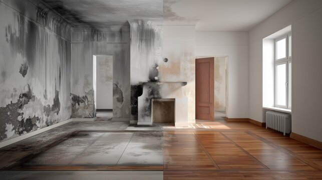 Room showing fire damage restoration before after effect with charred wall, soot, damaged floor on left and repaired clean wall.