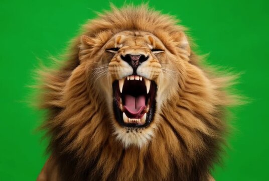 A fierce lion roars loudly in a green video background