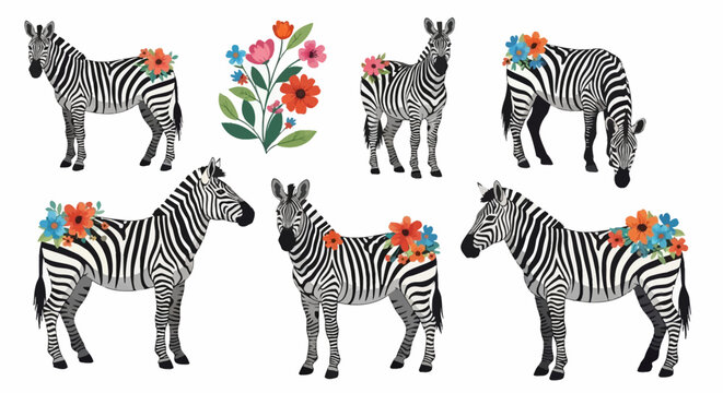 Collection of six stylized zebras with colorful floral decorations and a central flower bouquet, isolated on white background, featuring black and white stripes and vibrant blossoms.