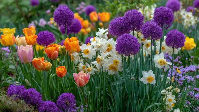 Allium flowers garden purple tulips daffodils spring blooming colorful flowerbed