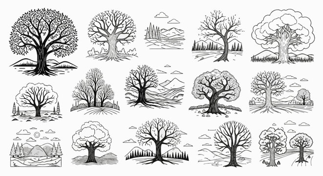 Collection of black and white line art illustrations featuring diverse tree species, mountain landscapes, and forest scenes in a minimalist hand-drawn vector style on white background.