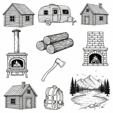 Hand-drawn black and white line art set featuring rustic log cabins, vintage camper trailer, wood-burning stove, stone fireplace, stacked logs, hatchet, hiking backpack, and mountain landscape.