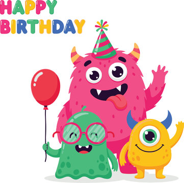 Happy Birthday Monsters Flat Vector Illustration