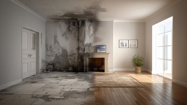 Room with fire and smoke damage on wall and floor showing soot stain, peeling paint, and odor impact, intact fireplace, hardwood floor, window, and potted plant, restoration need.