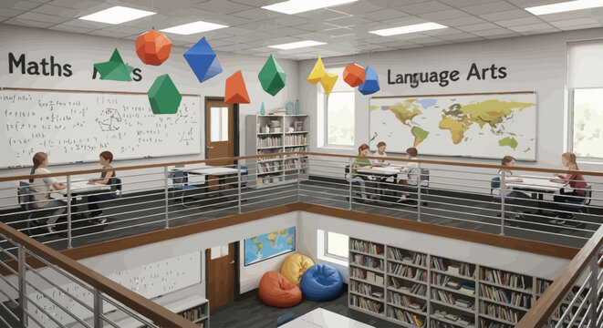 Bright elementary school library with colorful subject balloons and educational decor