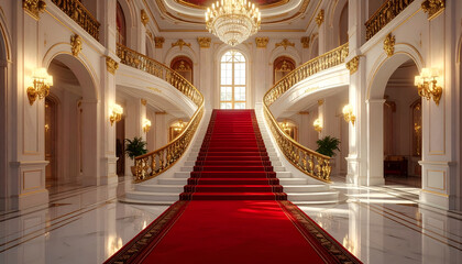 Obraz premium A grand, opulent interior showcases a sweeping red carpet leading to an ornate staircase bathed in natural light, highlighting the luxurious architectural details.