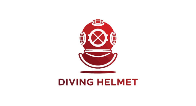 Red diving helmet logo isolated on white background, underwater exploration.