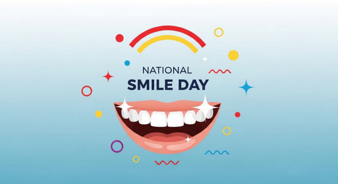 Bright and cheerful illustration of a wide smiling mouth with text national smile day surrounded by colorful shapes and a vibrant rainbow on a light blue background