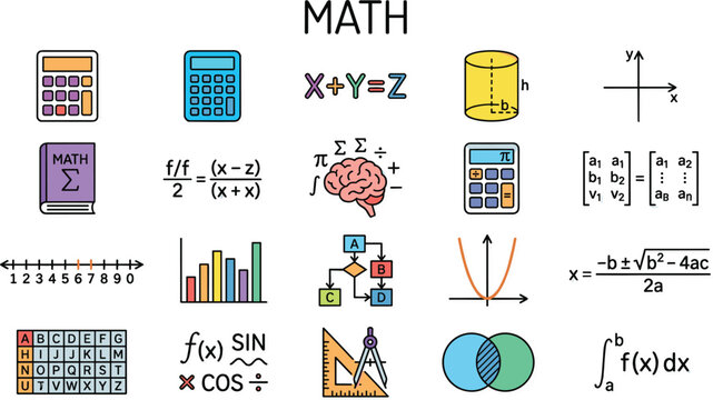 Mathematics and calculation icon set featuring formulas, geometry, algebra, statistics and educational problem solving symbols