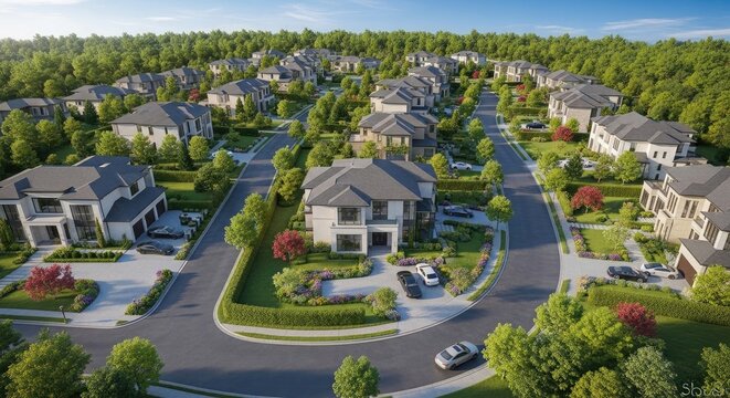 Aerial view of a luxury residential suburban neighborhood featuring modern villas, rich green landscaped gardens, winding streets, and lush green trees