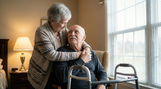 Senior woman embraces husband using walker, showing love and daily support