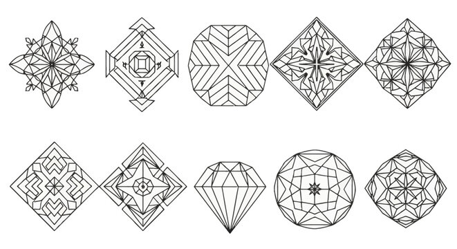 Set of ten geometric line art illustrations featuring faceted diamond shapes, gemstone icons, and starburst patterns with symmetrical black outlines on a plain white background.