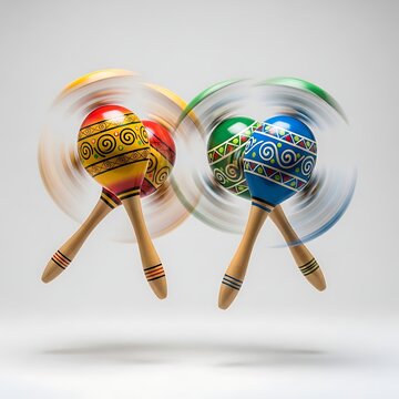 Pair of colorful maracas spinning rapidly creating motion blur effect in studio.