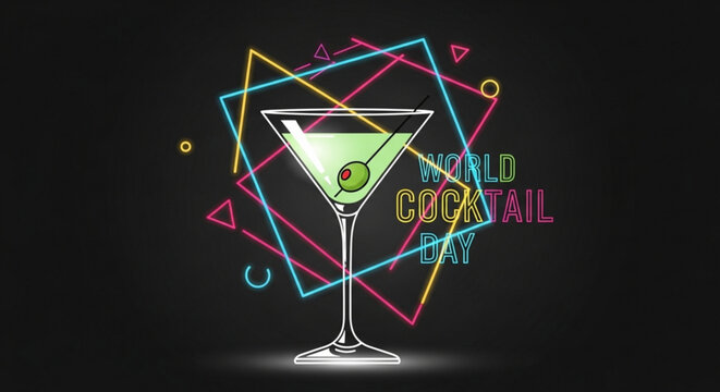 Elegant martini glass with green olive garnish stands out against a vibrant neon geometric background with colorful shapes and text reading bold cocktail