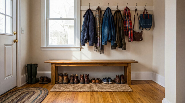Cozy and organized home entryway with a wooden bench, coat rack, and various shoes, boots, and personal accessories.