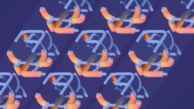 Cyclic 3D pattern of elegant nodes. Sky blue and coral shapes smoothly changing form. Elegant abstract isometric animation for stylish branding and digital backgrounds