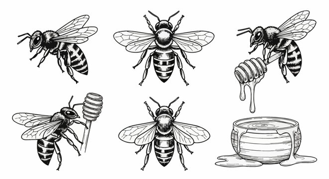 Hand-drawn honey bee illustrations in vintage etching style featuring bees in flight, top and side views, a honey dipper with dripping liquid, and a wooden pot on white background.