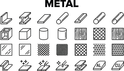 Metal materials and industrial shapes icon set featuring steel profiles, textures, sheets and construction elements in outline style © MSTRAZINA