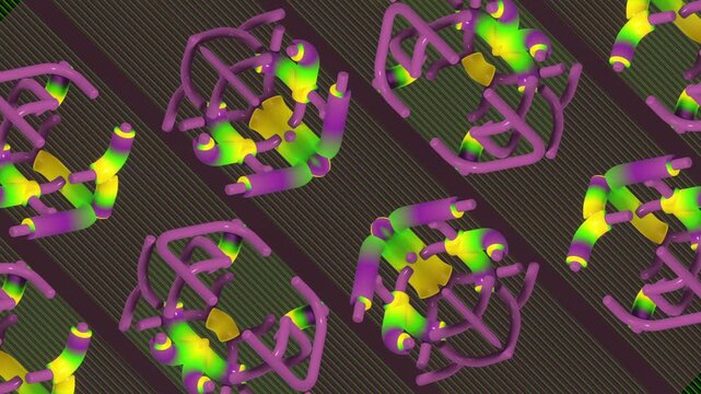 Energetic 3D animation of neon green and purple splines. Dynamic transformation in isometric view. High-contrast seamless loop for bold tech design and VJ graphics