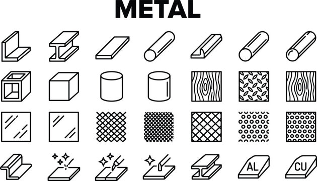 Metal materials and industrial shapes icon set featuring steel profiles, textures, sheets and construction elements in outline style