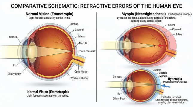 Comparative Medical Diagram of Normal Vision, Myopia and Hyperopia Refractive Errors