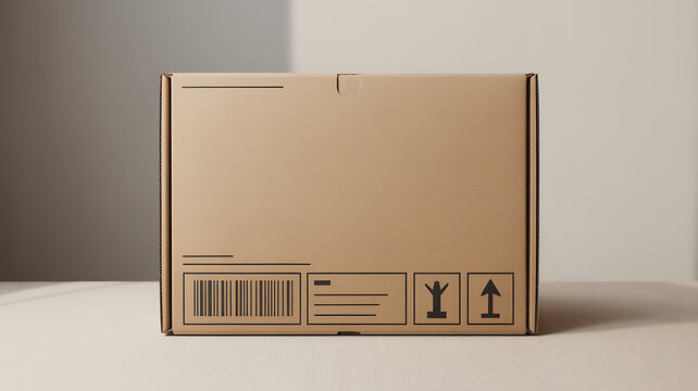 Closed corrugated cardboard shipping box with barcode and fragile symbols on light surface.