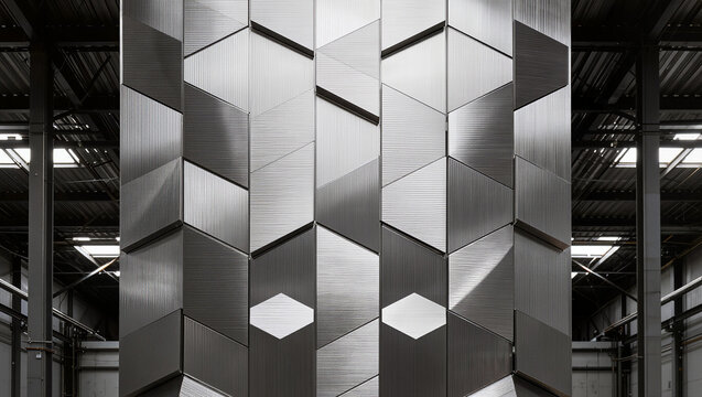 Abstract Metallic Geometric Wall Reflecting Light in Industrial Setting