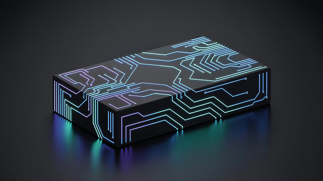 Advanced microchip circuit board pattern glowing on black electronic device glowing blue connections.
