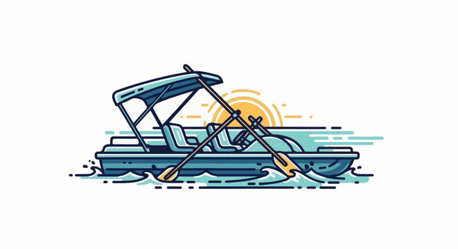A blue pedal boat with a canopy glides across blue water at sunset