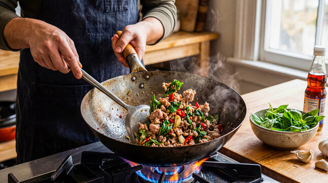 Man cooking flavorful Thai basil pork (Pad Krapow) in a smoking wok on a gas stove in a home kitchen.