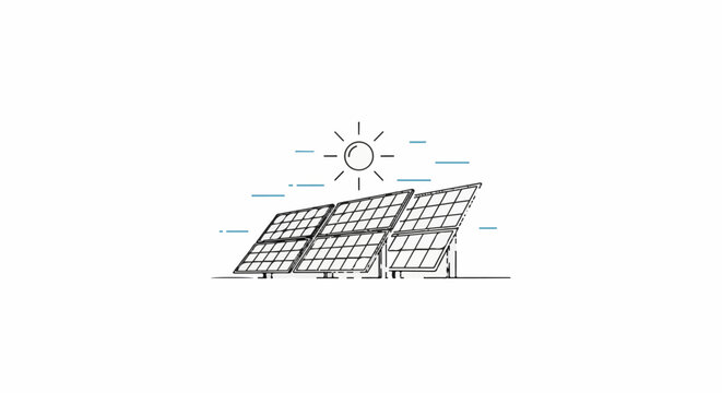 A simplified drawing of solar panels bathed in sunlight