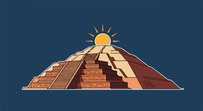 Ancient pyramid structure under a bright, stylized sun on a dark blue background