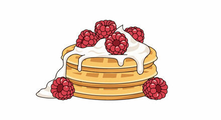Stacked waffles topped with whipped cream and fresh raspberries