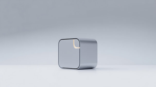 Silver metallic cube with rounded corners and subtle groove on white surface.